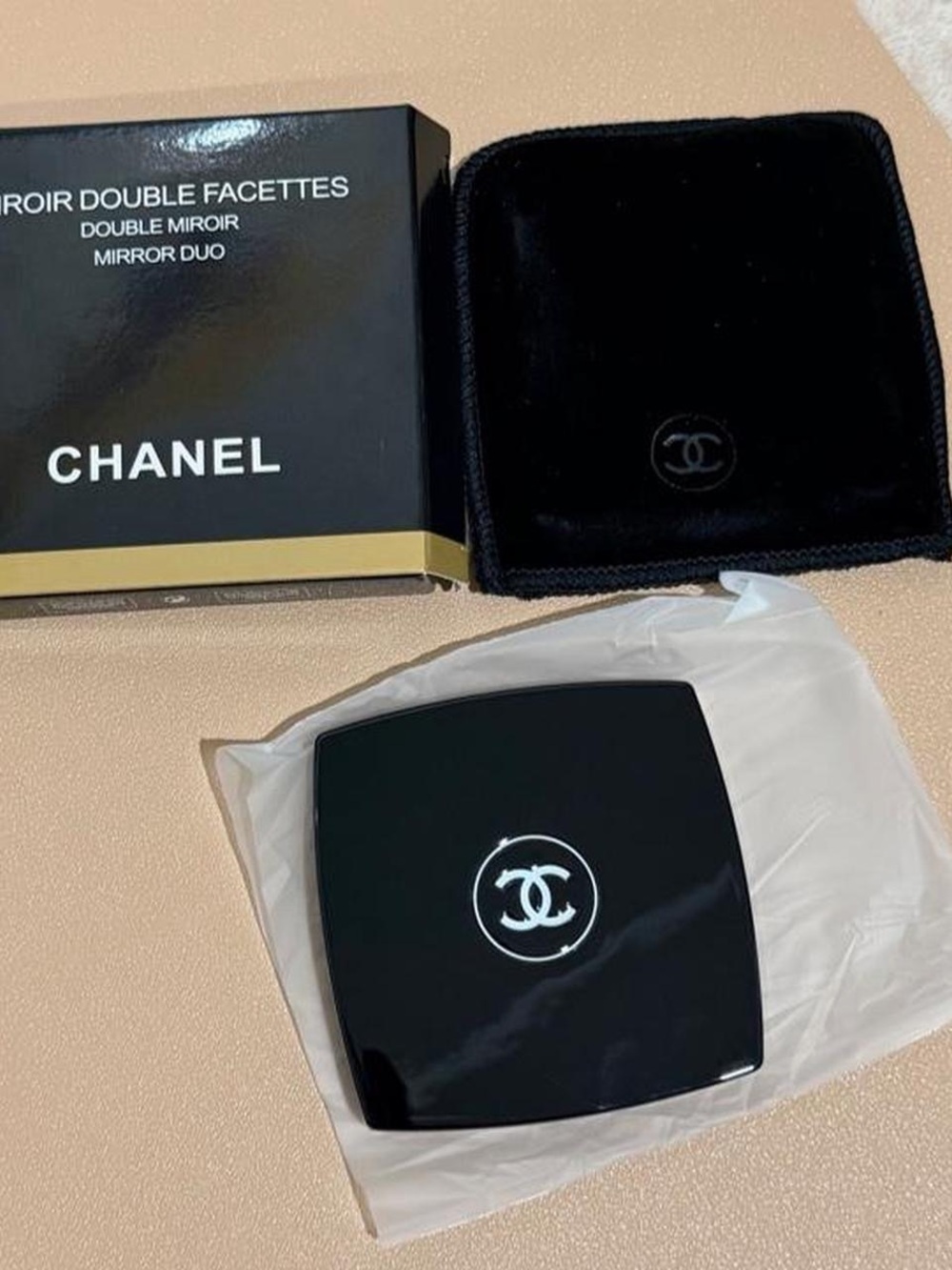 Brand New CHANEL Black Compact Double Mirror with Velvet Pouch